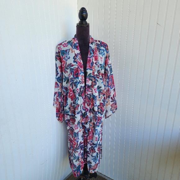 Christopher & Banks Sheer Kimono Cardigan Boho Floral Open Front Bohemian Print - Picture 1 of 13